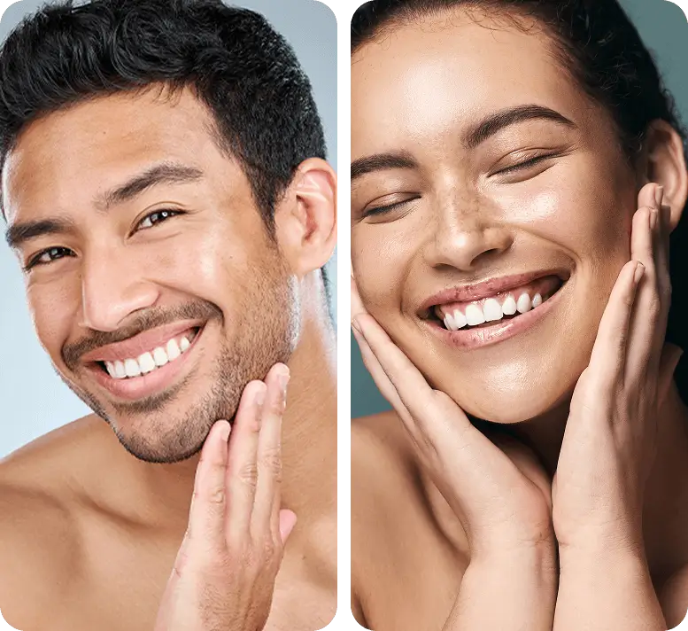 two separate images of a happy male and female