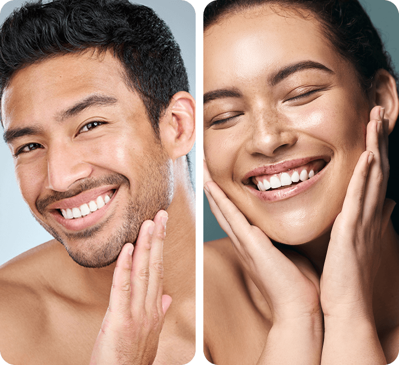 two separate images of a happy male and female